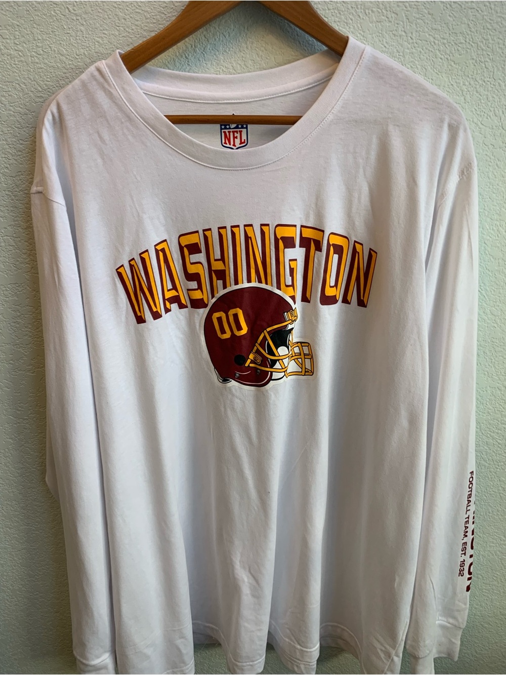 NFL Washington Long Sleeve Shirt in White with Burgundy and Gold Helmet Graphic